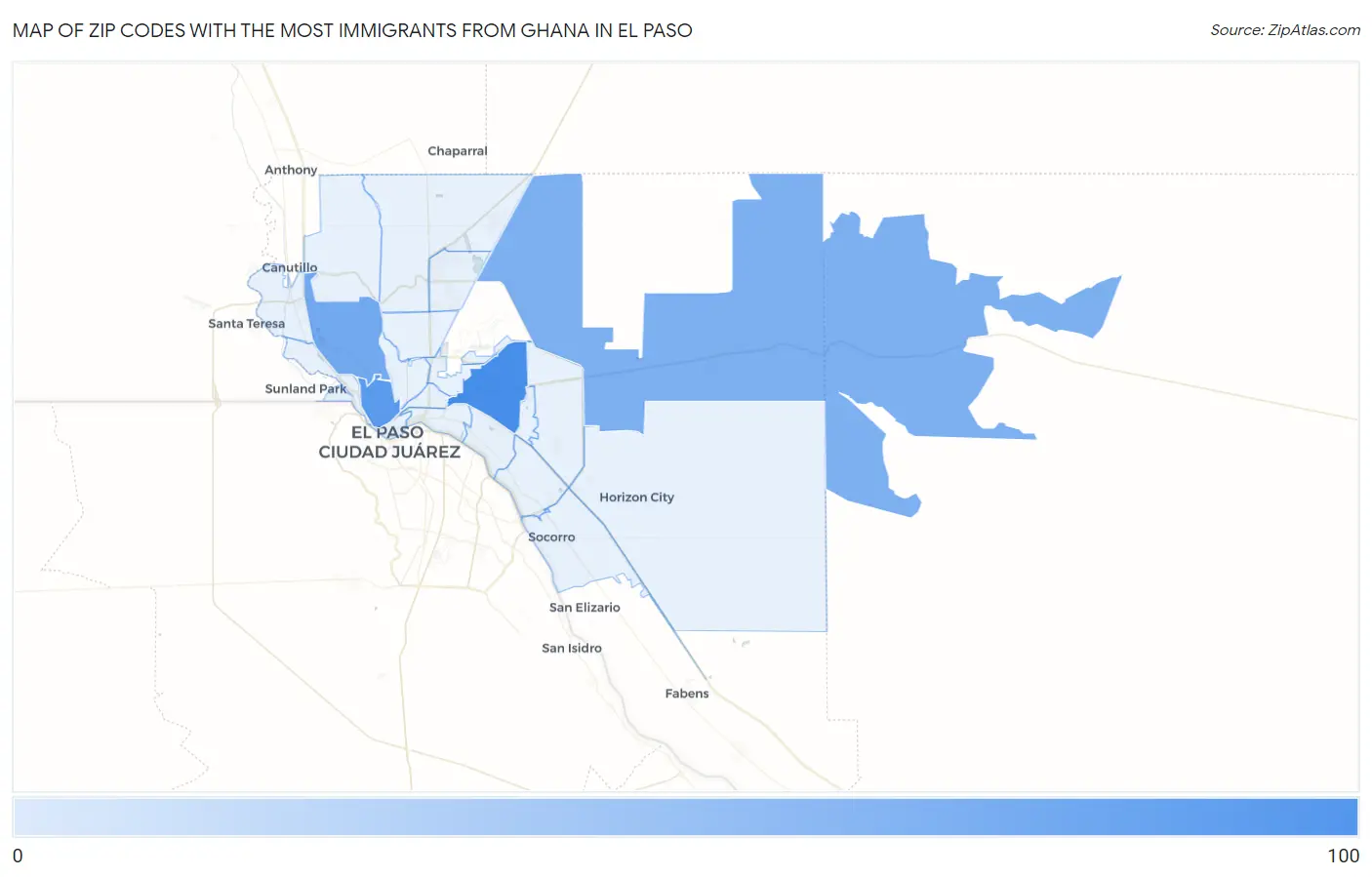 Zip Codes with the Most Immigrants from Ghana in El Paso Map