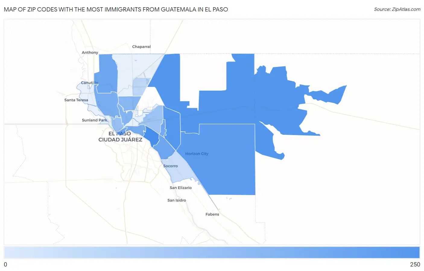Zip Codes with the Most Immigrants from Guatemala in El Paso Map