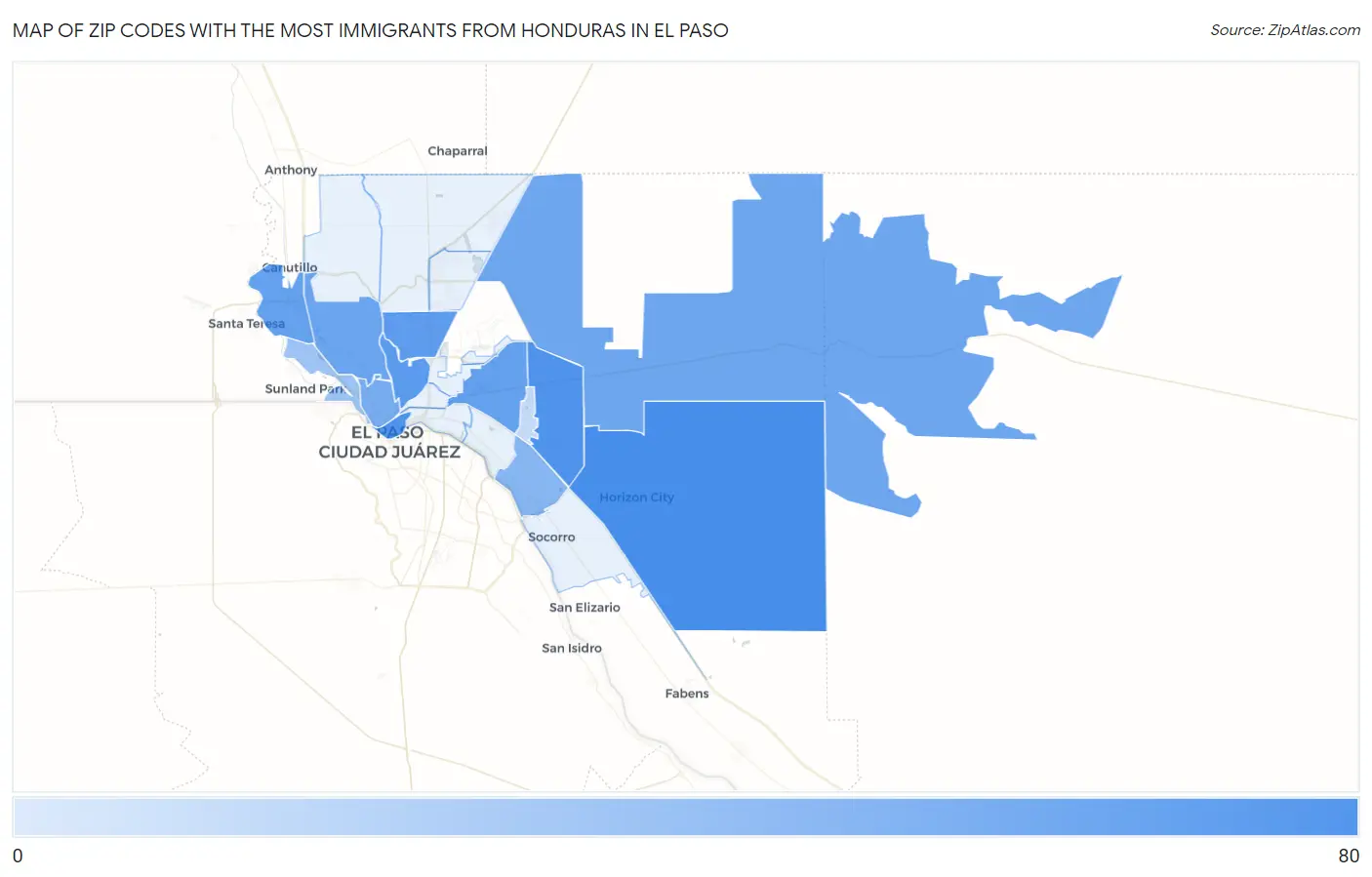Zip Codes with the Most Immigrants from Honduras in El Paso Map