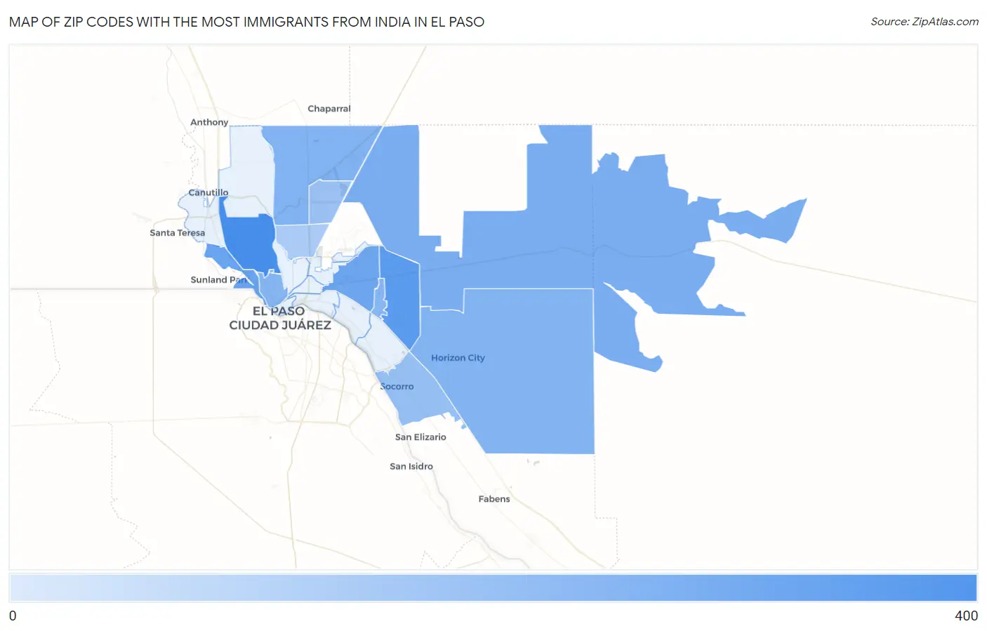 Zip Codes with the Most Immigrants from India in El Paso Map