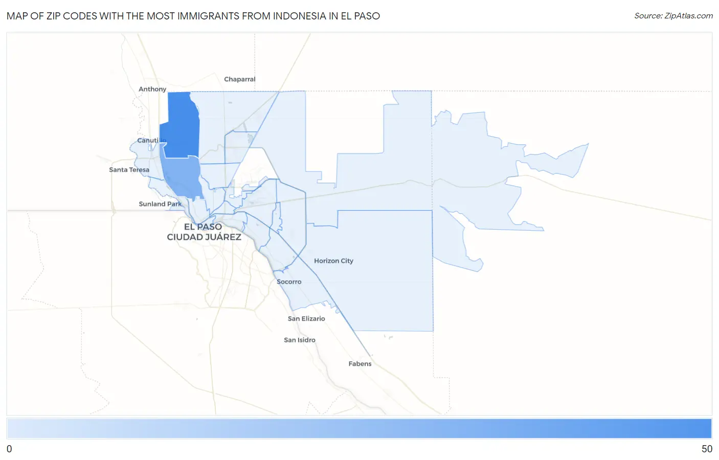 Zip Codes with the Most Immigrants from Indonesia in El Paso Map