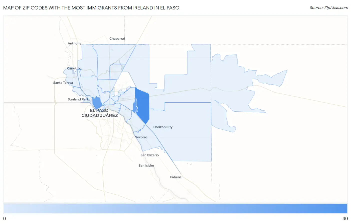Zip Codes with the Most Immigrants from Ireland in El Paso Map