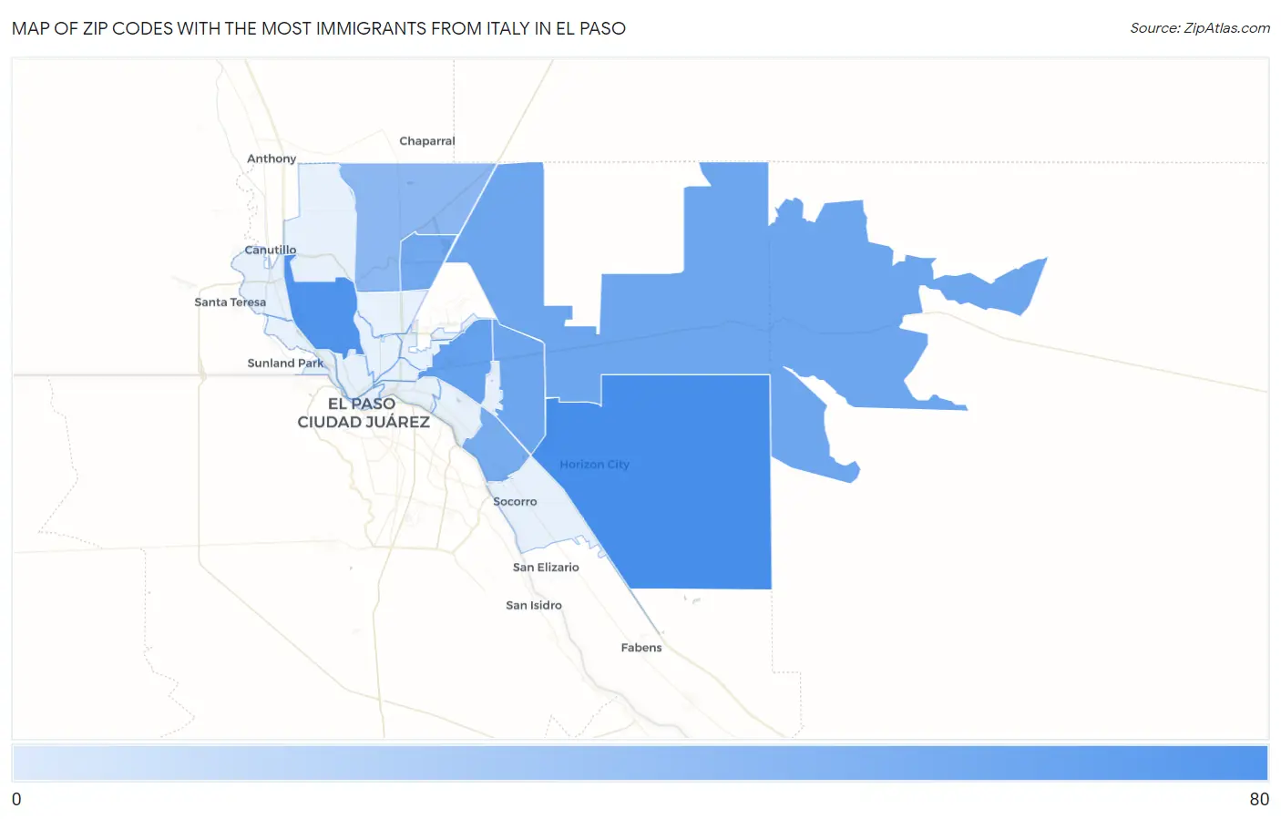 Zip Codes with the Most Immigrants from Italy in El Paso Map