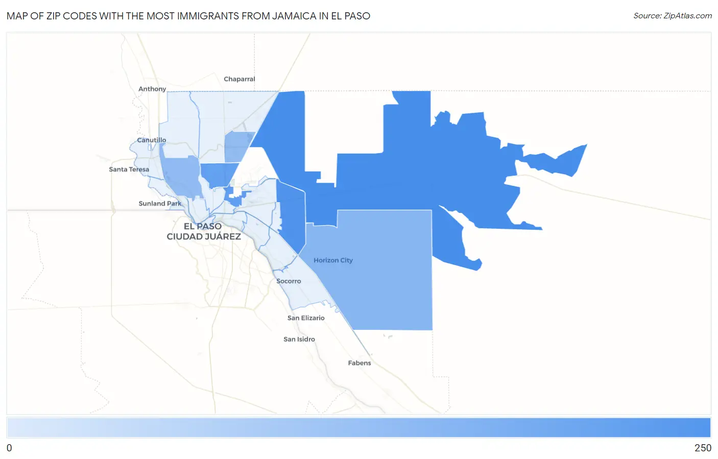Zip Codes with the Most Immigrants from Jamaica in El Paso Map
