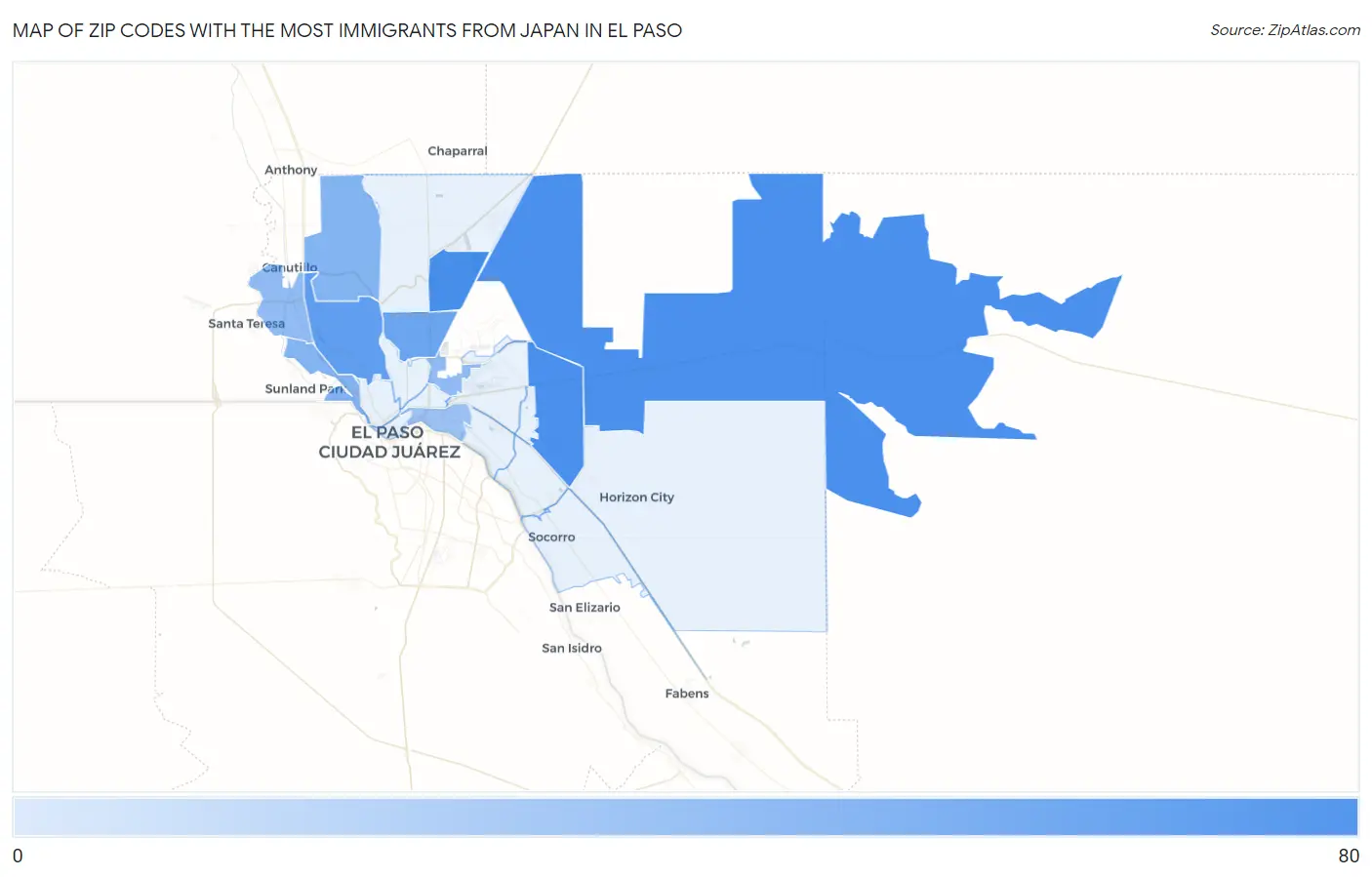Zip Codes with the Most Immigrants from Japan in El Paso Map