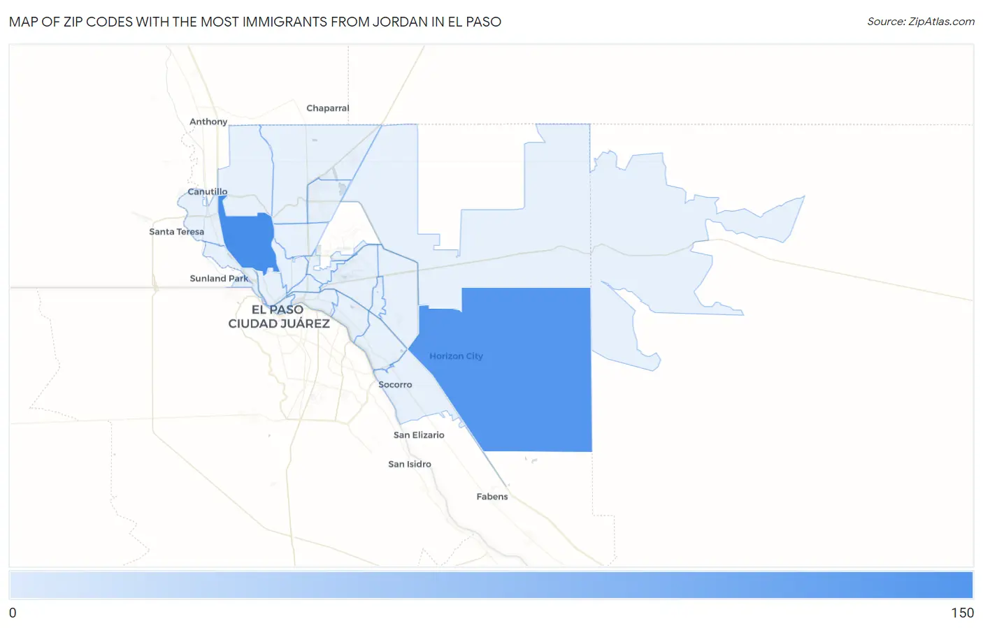 Zip Codes with the Most Immigrants from Jordan in El Paso Map