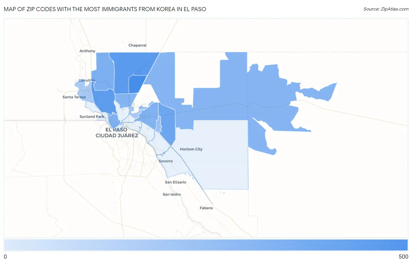 Zip Codes with the Most Immigrants from Korea in El Paso Map