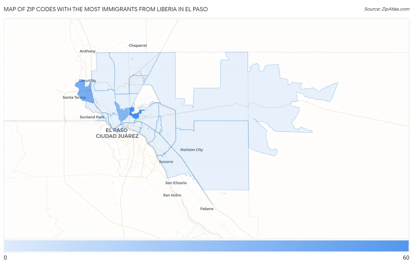 Zip Codes with the Most Immigrants from Liberia in El Paso Map