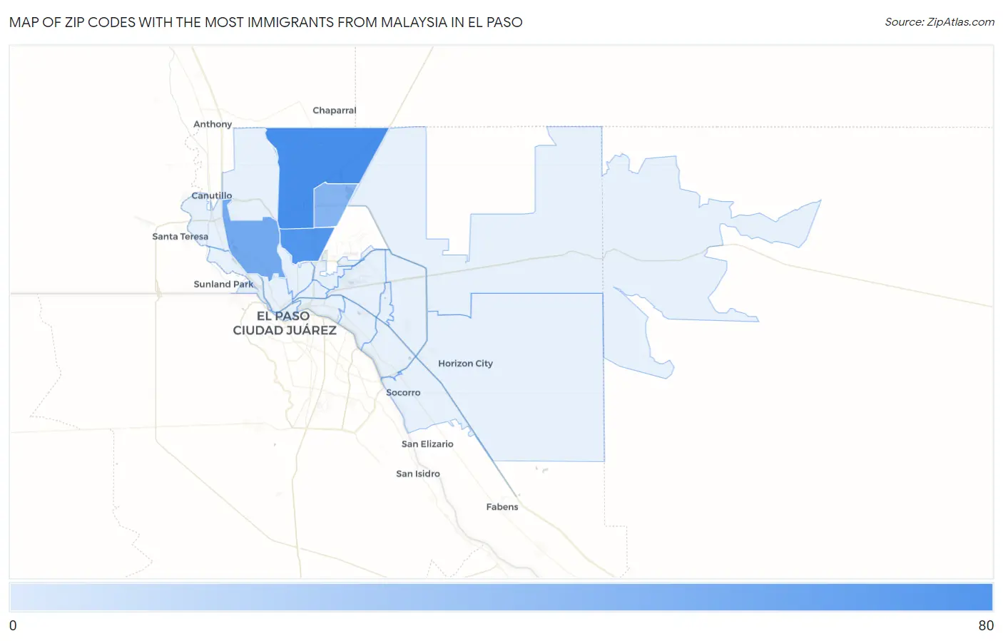 Zip Codes with the Most Immigrants from Malaysia in El Paso Map