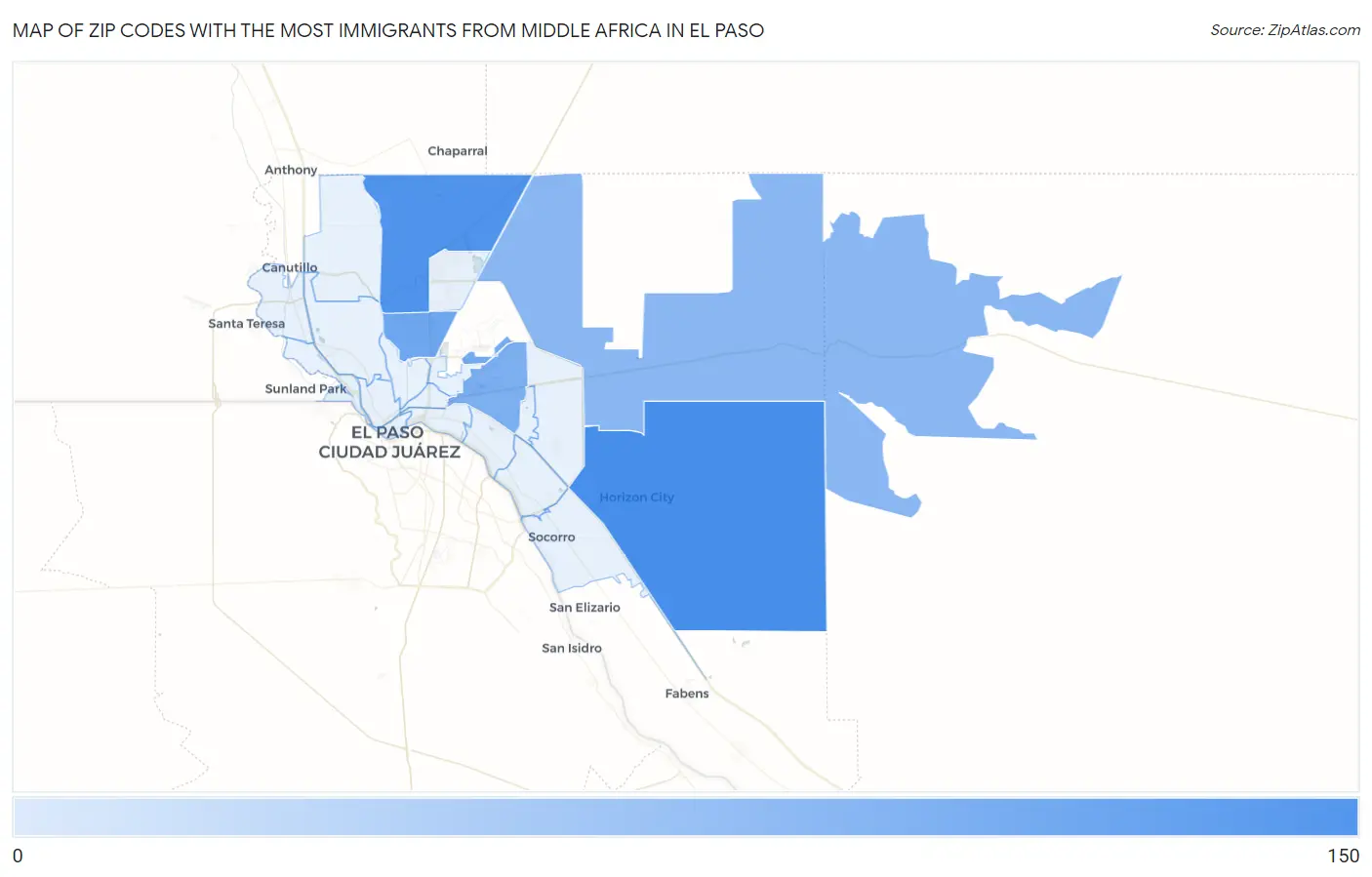 Zip Codes with the Most Immigrants from Middle Africa in El Paso Map