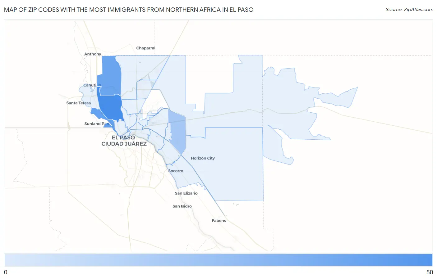 Zip Codes with the Most Immigrants from Northern Africa in El Paso Map
