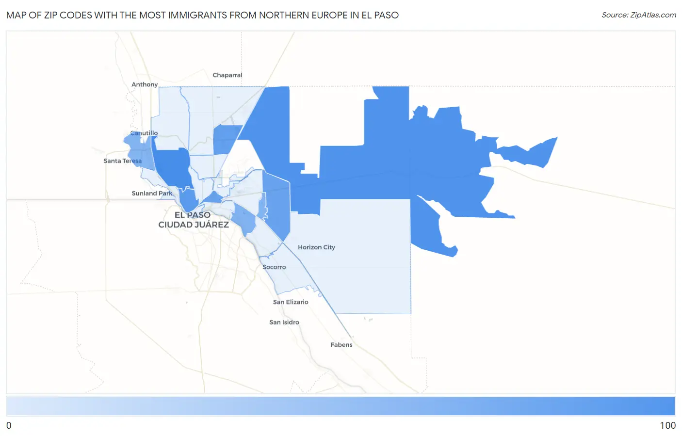 Zip Codes with the Most Immigrants from Northern Europe in El Paso Map