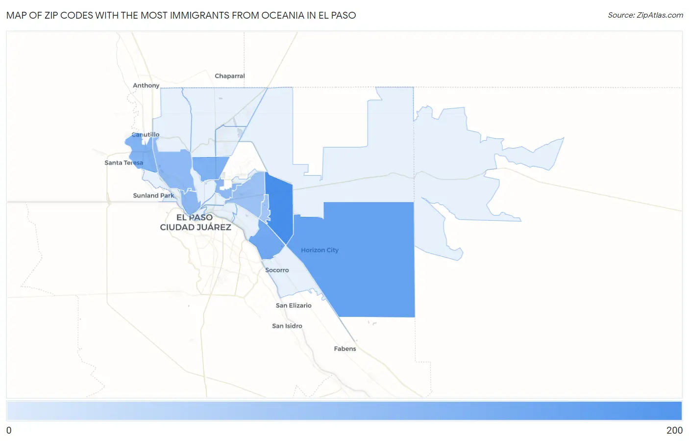 Zip Codes with the Most Immigrants from Oceania in El Paso Map