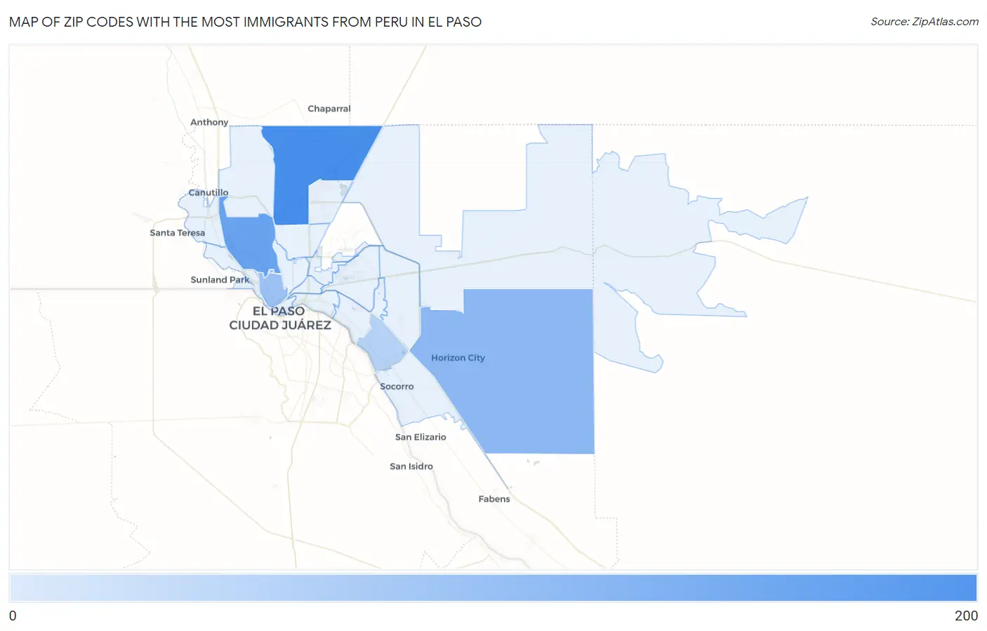 Zip Codes with the Most Immigrants from Peru in El Paso Map