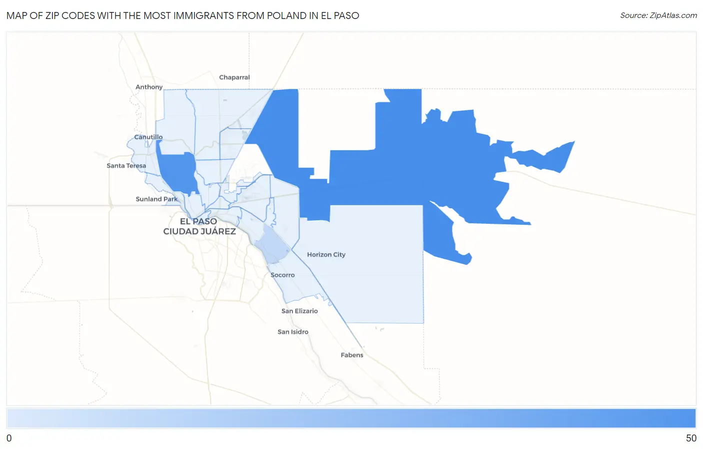 Zip Codes with the Most Immigrants from Poland in El Paso Map