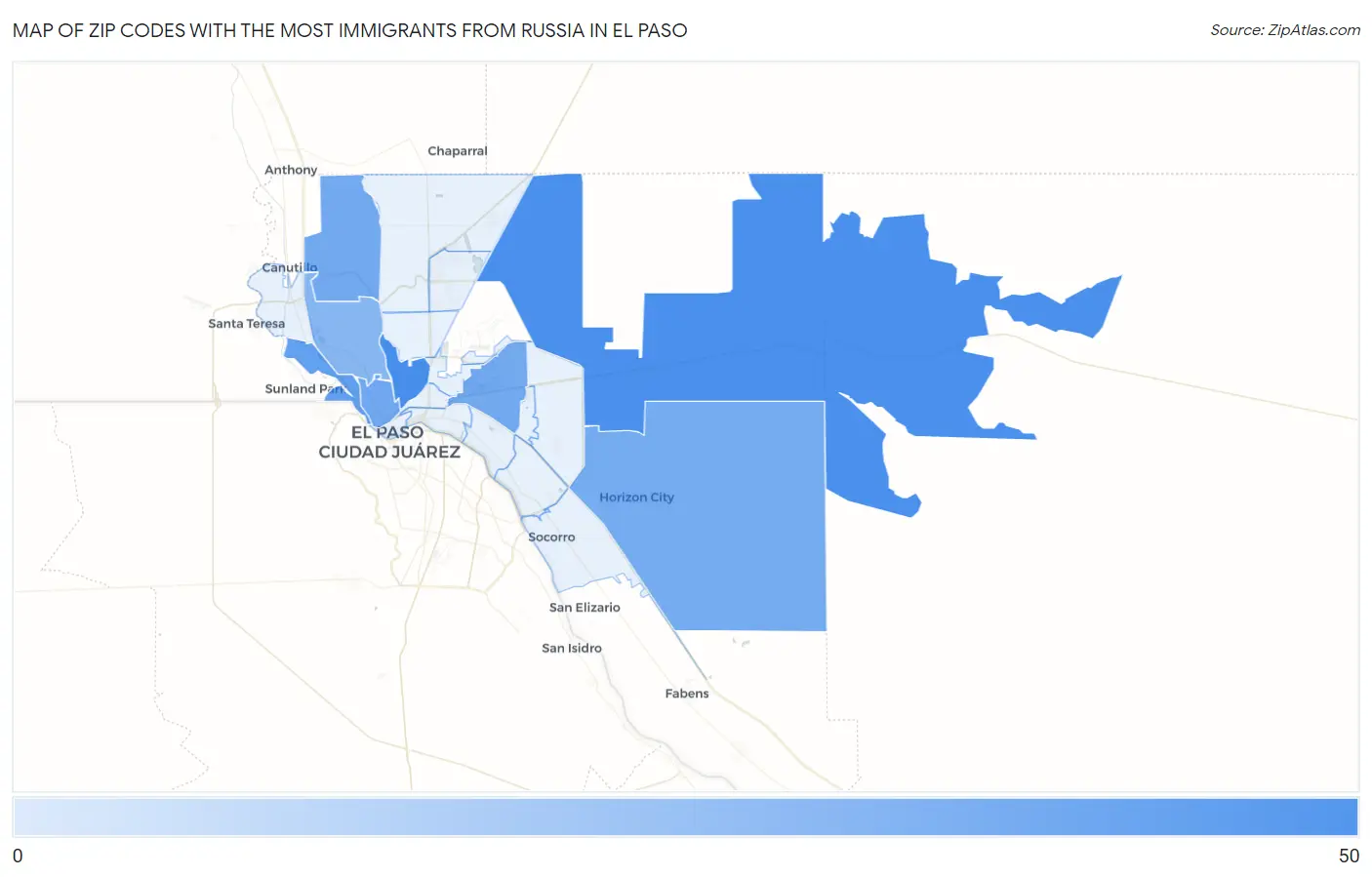 Zip Codes with the Most Immigrants from Russia in El Paso Map