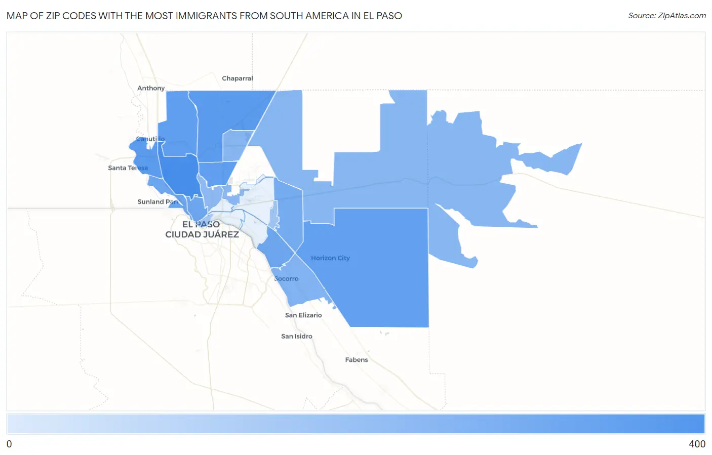 Zip Codes with the Most Immigrants from South America in El Paso Map
