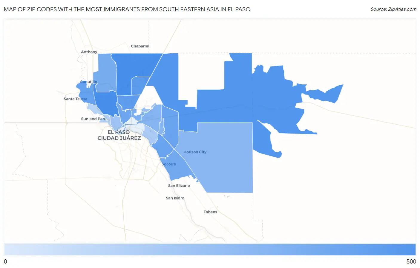 Zip Codes with the Most Immigrants from South Eastern Asia in El Paso Map
