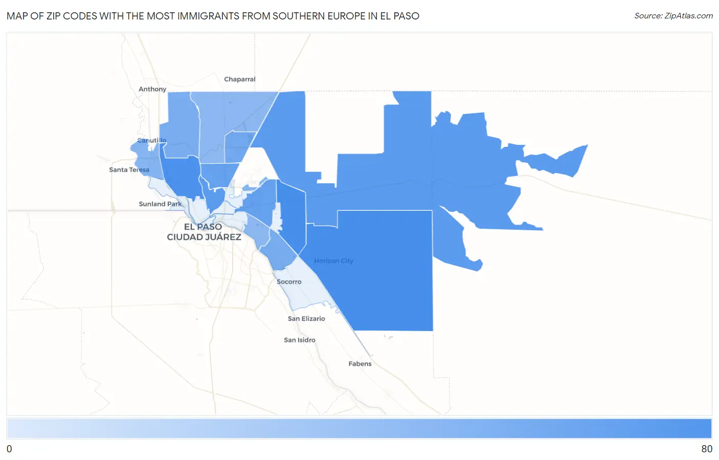 Zip Codes with the Most Immigrants from Southern Europe in El Paso Map