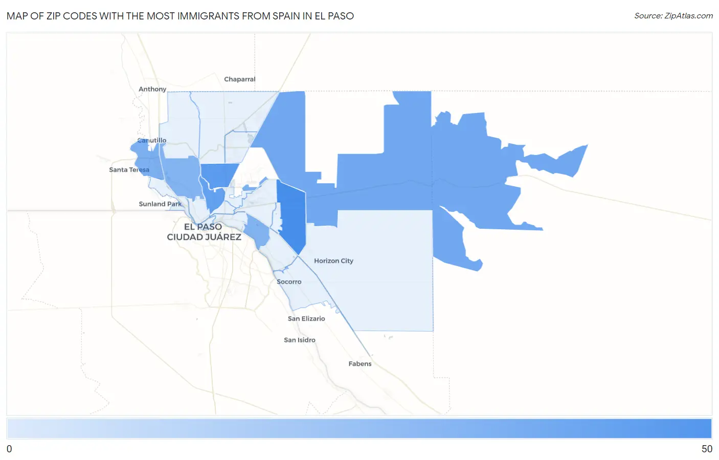 Zip Codes with the Most Immigrants from Spain in El Paso Map