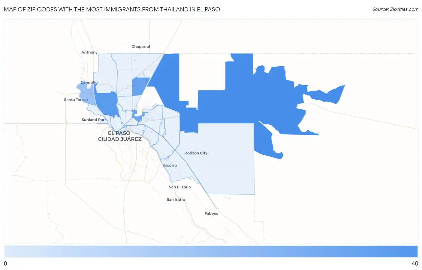 Zip Codes with the Most Immigrants from Thailand in El Paso Map
