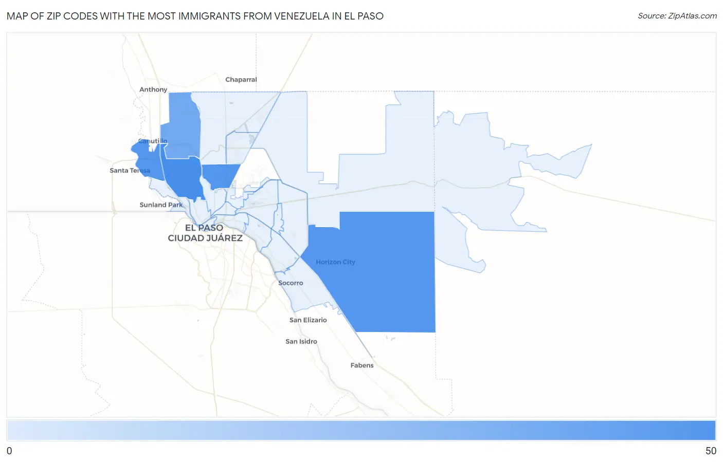 Zip Codes with the Most Immigrants from Venezuela in El Paso Map