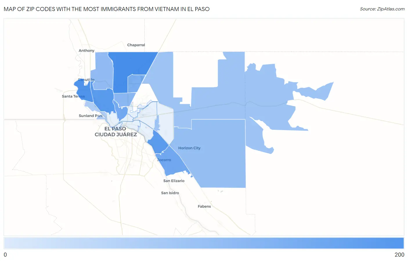Zip Codes with the Most Immigrants from Vietnam in El Paso Map