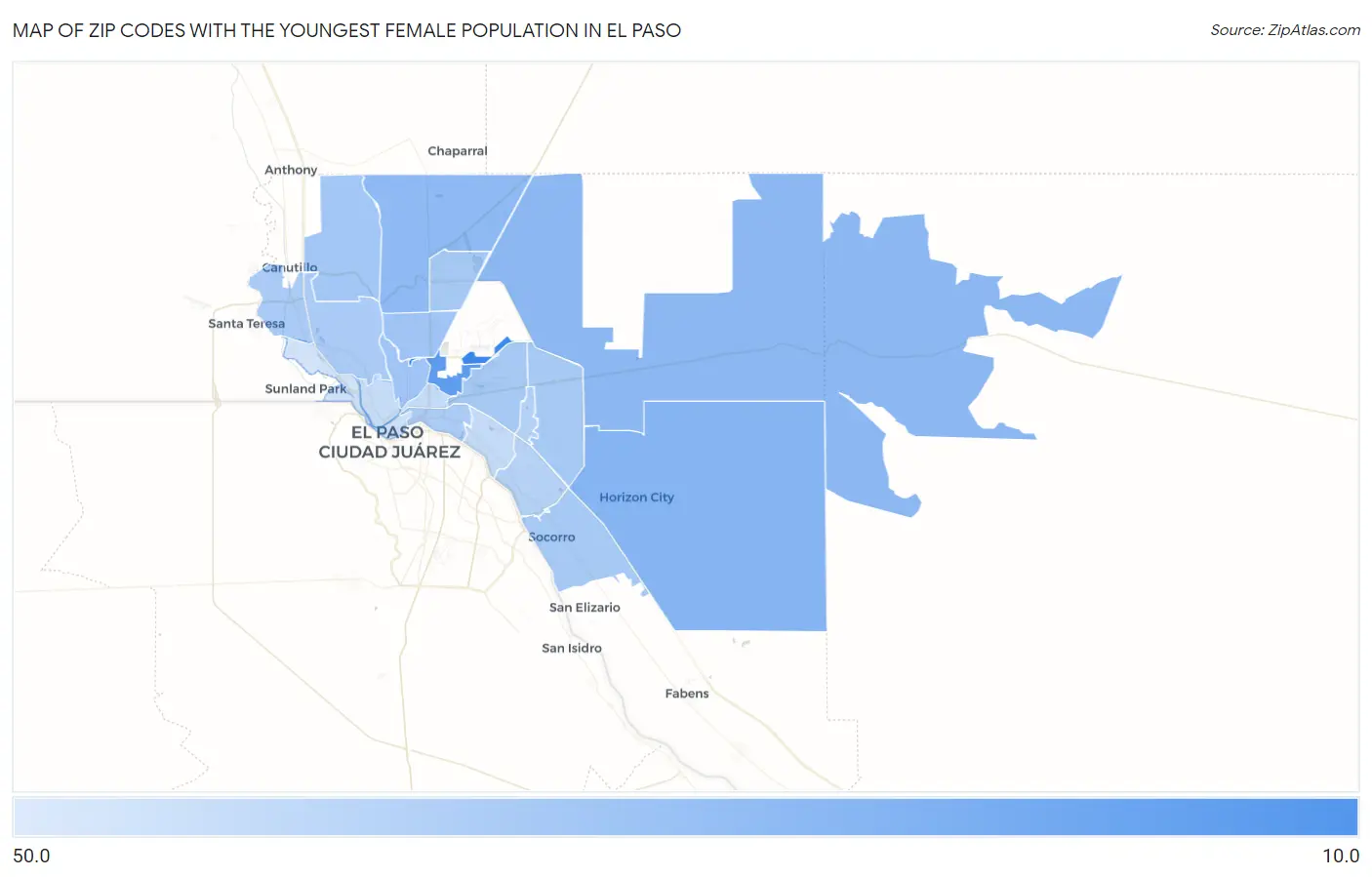 Zip Codes with the Youngest Female Population in El Paso Map