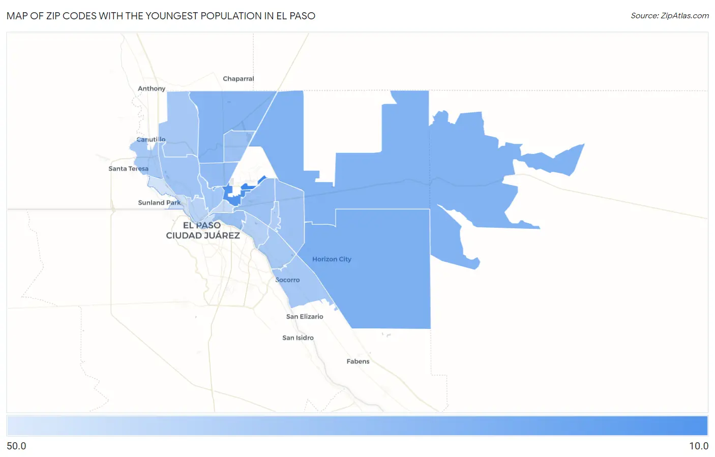 Zip Codes with the Youngest Population in El Paso Map