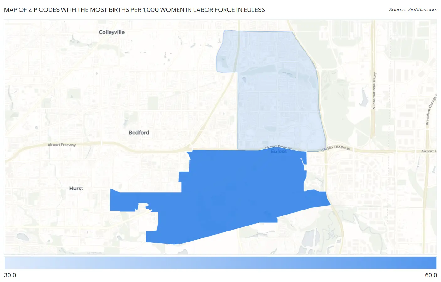 Zip Codes with the Most Births per 1,000 Women in Labor Force in Euless Map