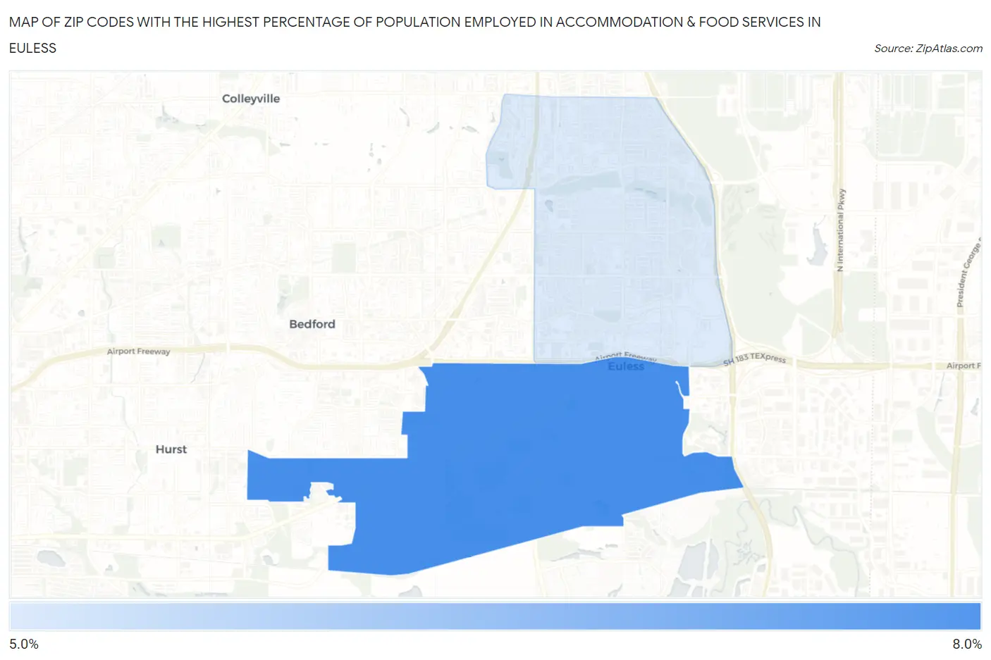 Zip Codes with the Highest Percentage of Population Employed in Accommodation & Food Services in Euless Map