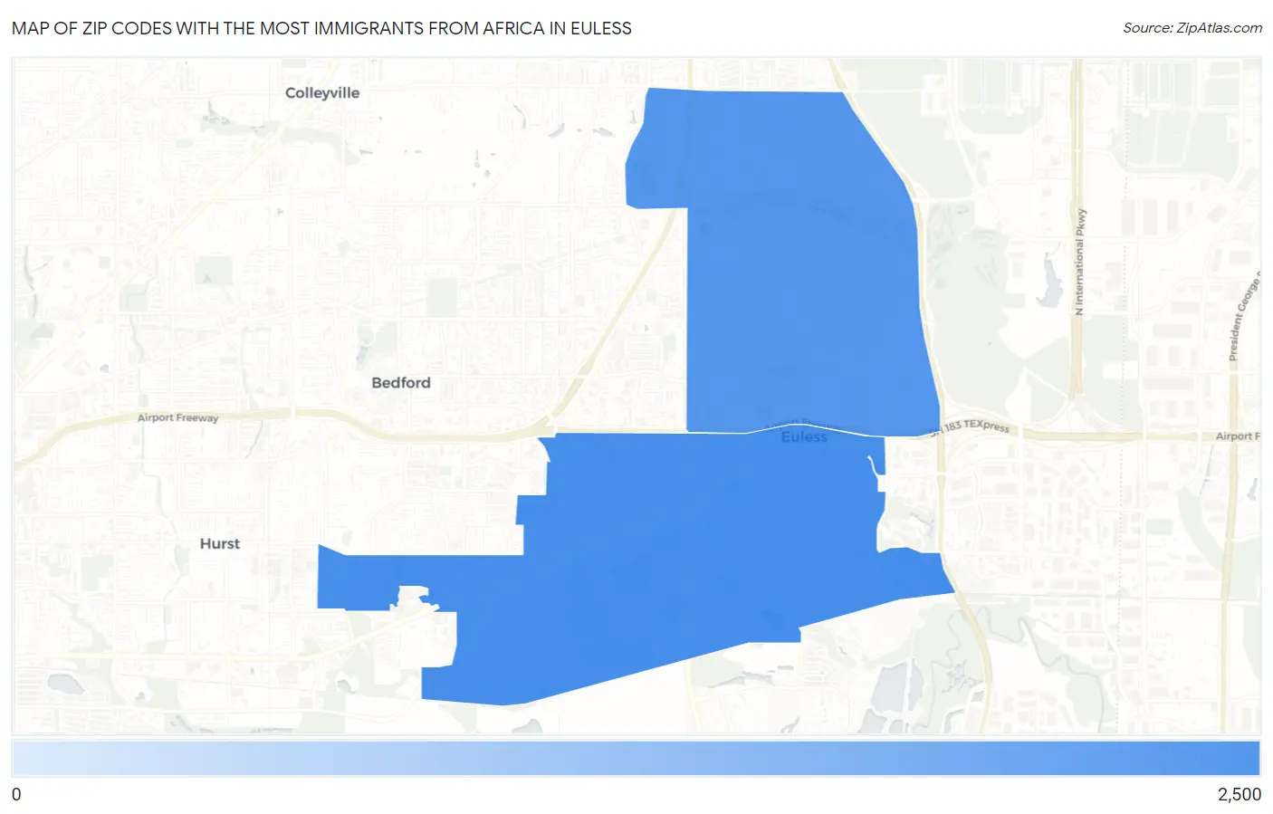Zip Codes with the Most Immigrants from Africa in Euless Map