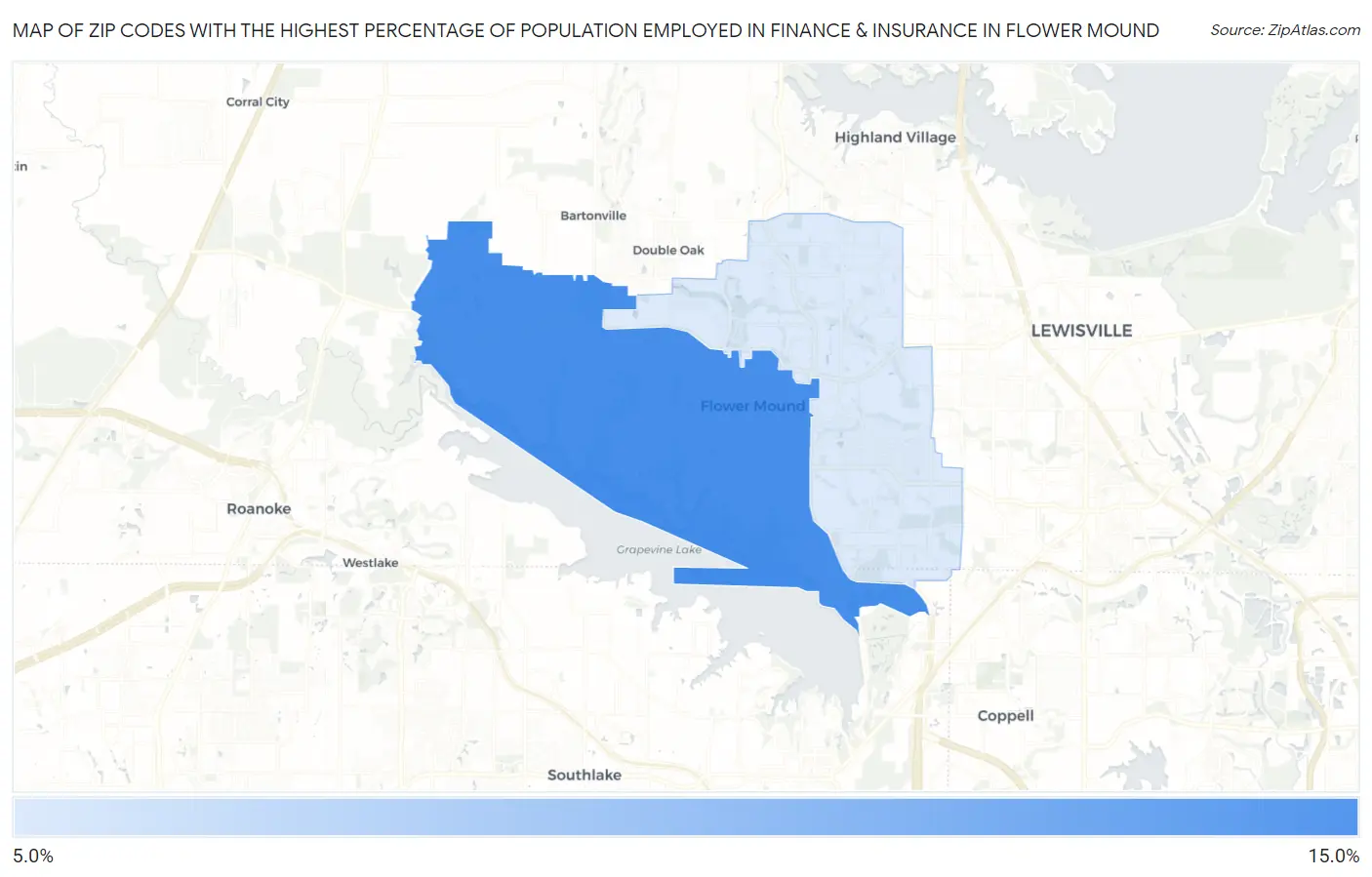 Zip Codes with the Highest Percentage of Population Employed in Finance & Insurance in Flower Mound Map