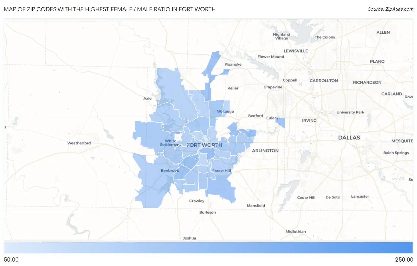 Zip Codes with the Highest Female / Male Ratio in Fort Worth Map