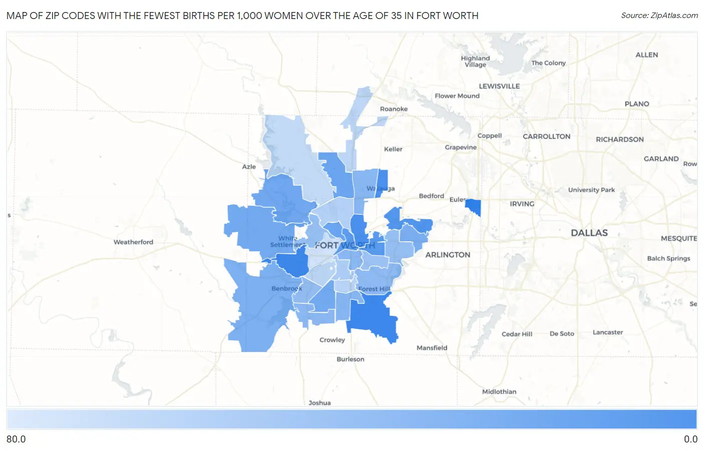 Zip Codes with the Fewest Births per 1,000 Women Over the Age of 35 in Fort Worth Map
