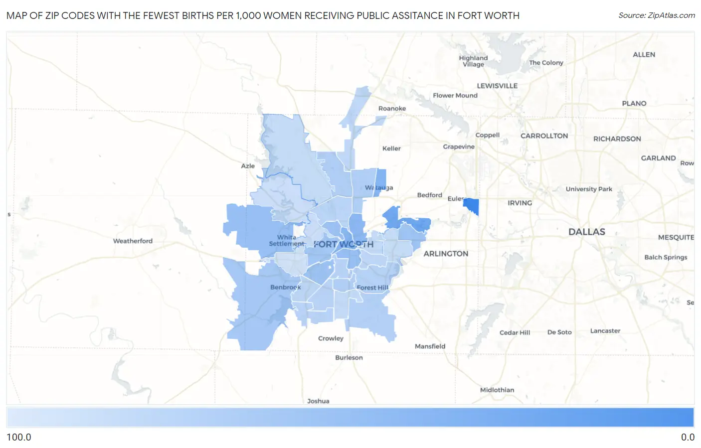 Zip Codes with the Fewest Births per 1,000 Women Receiving Public Assitance in Fort Worth Map