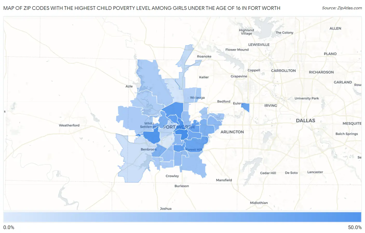 Zip Codes with the Highest Child Poverty Level Among Girls Under the Age of 16 in Fort Worth Map