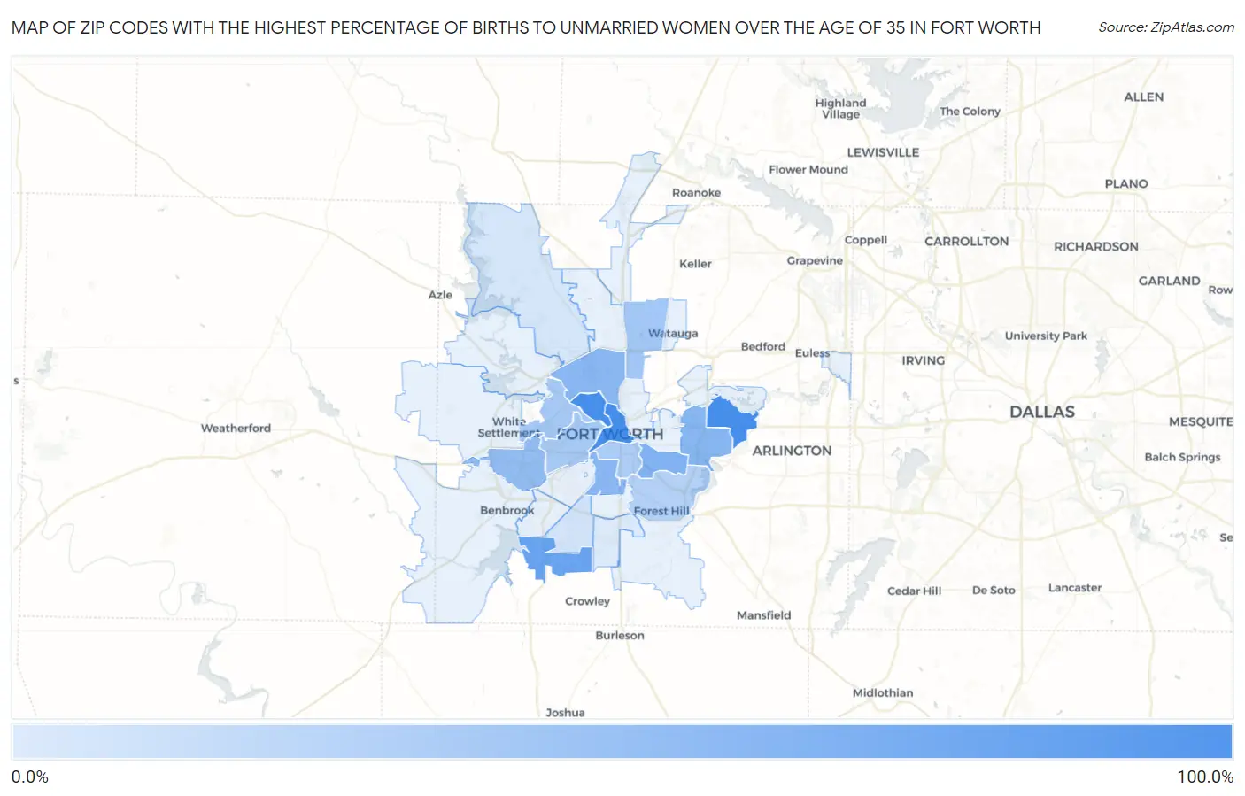 Zip Codes with the Highest Percentage of Births to Unmarried Women over the Age of 35 in Fort Worth Map