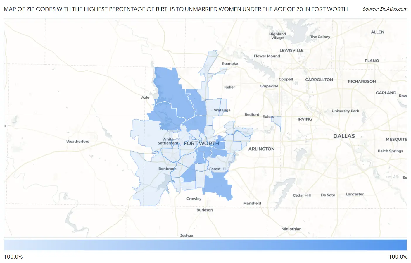 Zip Codes with the Highest Percentage of Births to Unmarried Women under the Age of 20 in Fort Worth Map