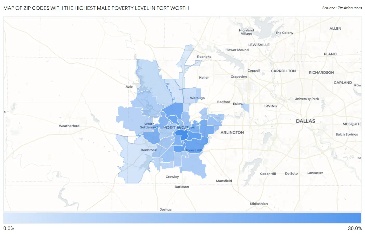 Zip Codes with the Highest Male Poverty Level in Fort Worth Map