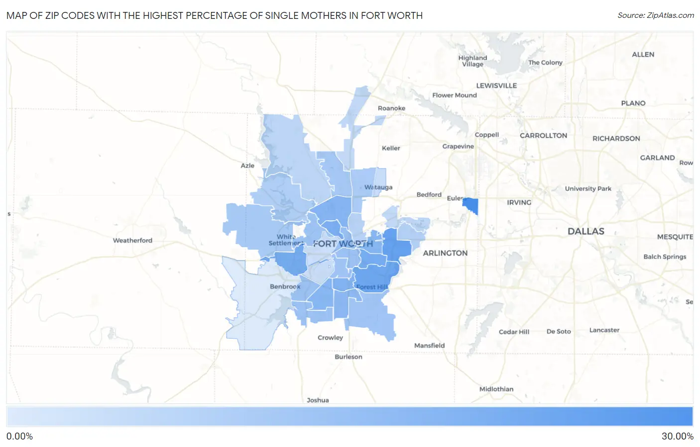 Zip Codes with the Highest Percentage of Single Mothers in Fort Worth Map