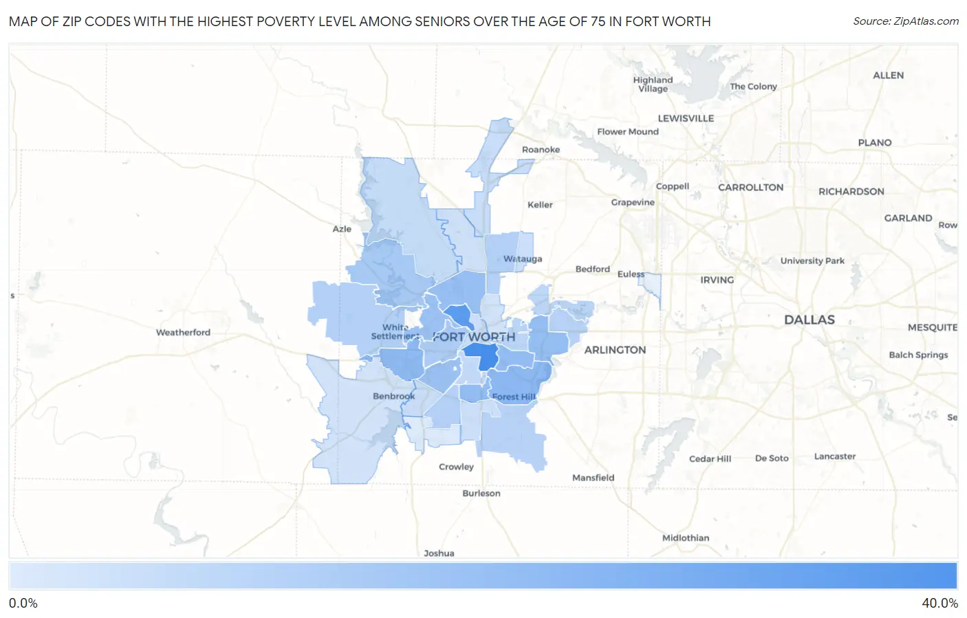 Zip Codes with the Highest Poverty Level Among Seniors Over the Age of 75 in Fort Worth Map