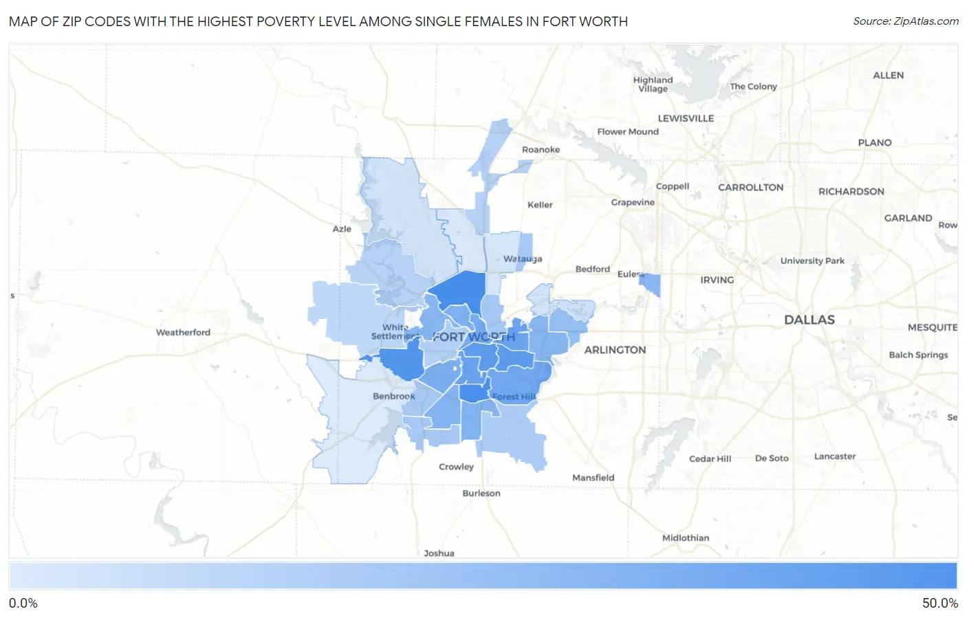 Zip Codes with the Highest Poverty Level Among Single Females in Fort Worth Map