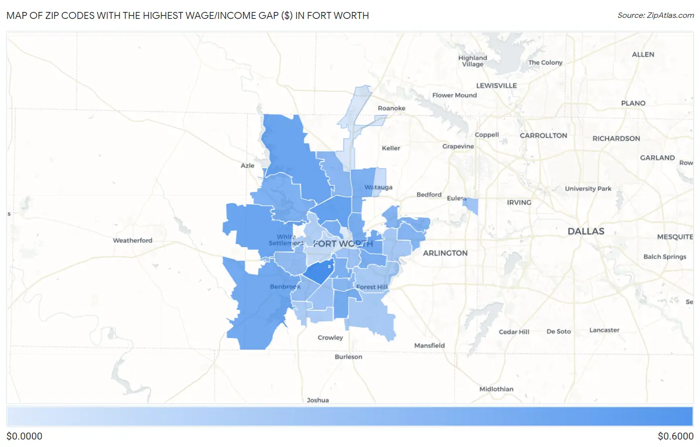 Zip Codes with the Highest Wage/Income Gap ($) in Fort Worth Map