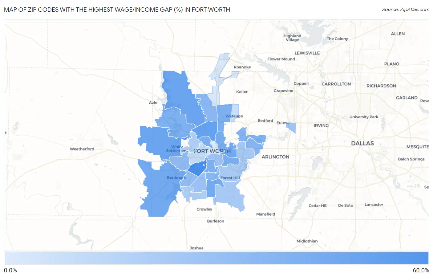 Zip Codes with the Highest Wage/Income Gap (%) in Fort Worth Map