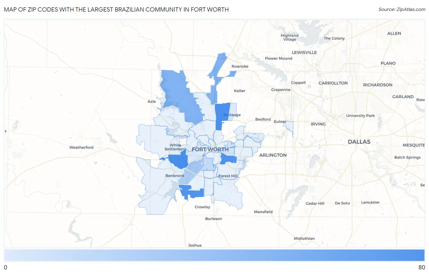 Zip Codes with the Largest Brazilian Community in Fort Worth Map