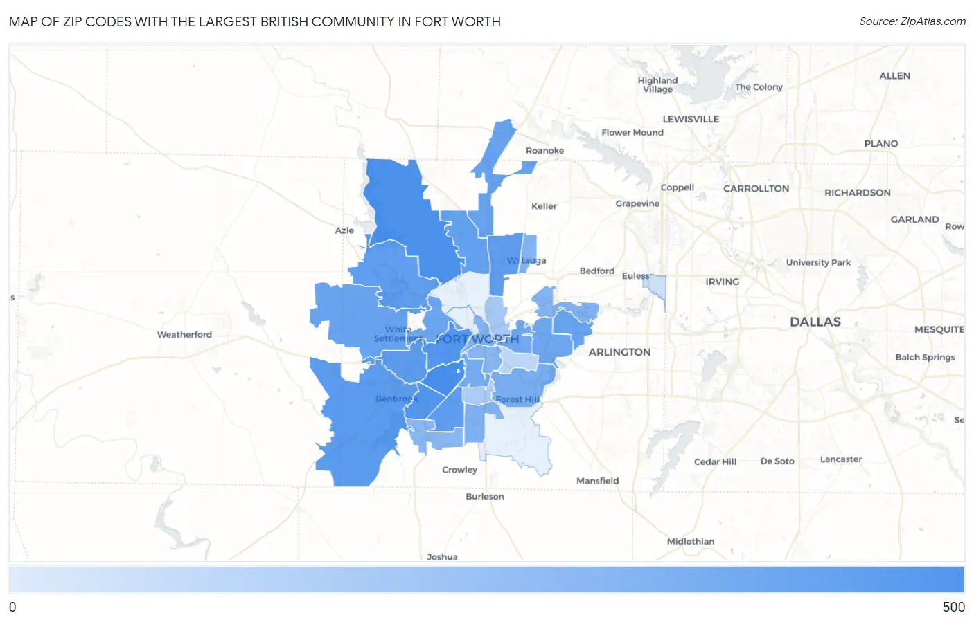 Zip Codes with the Largest British Community in Fort Worth Map
