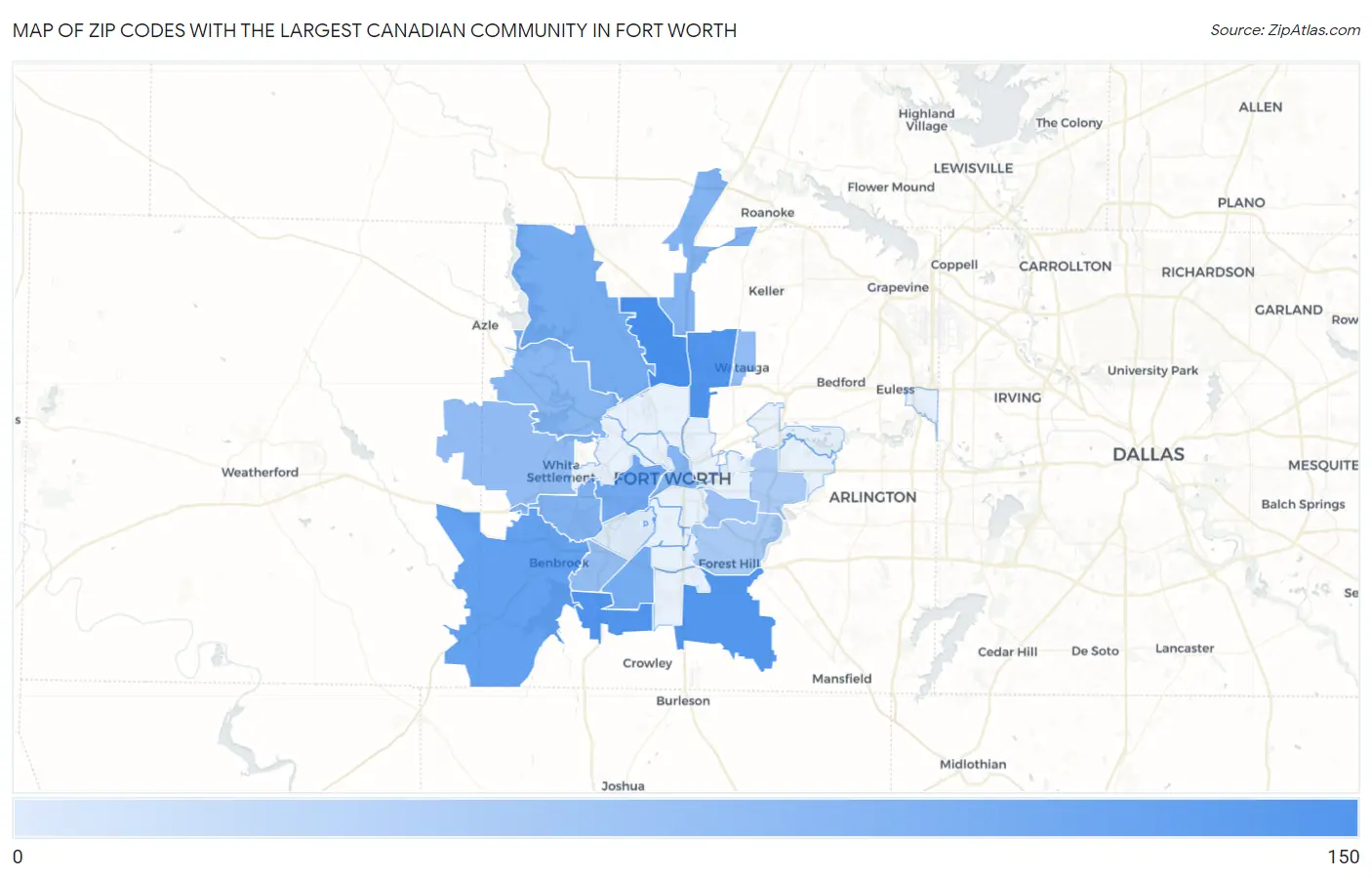 Zip Codes with the Largest Canadian Community in Fort Worth Map