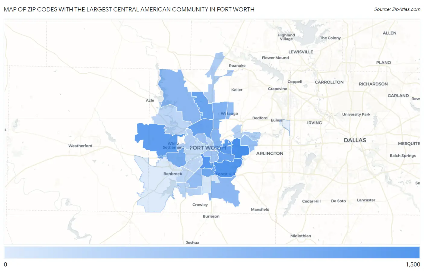Zip Codes with the Largest Central American Community in Fort Worth Map