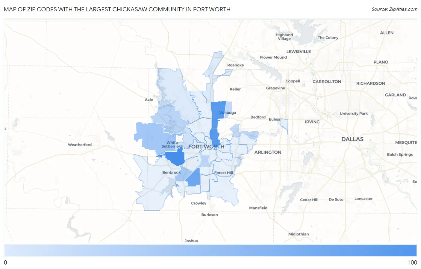 Zip Codes with the Largest Chickasaw Community in Fort Worth Map